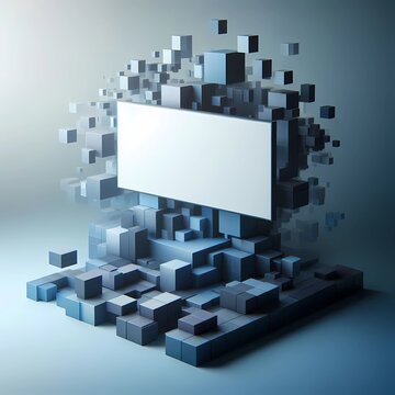 Abstract 3D rendering of a blank white screen with floating blue cubes for cloud computing service, decentralized data network, and digital content streaming mockup.