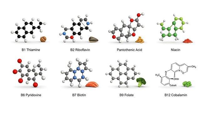 Molecular structures of various B vitamins are displayed with their corresponding food sources.
