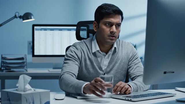 Stressed Businessman At His Desk Fighting Illness While Working Late At The Office, Indoor Shooting