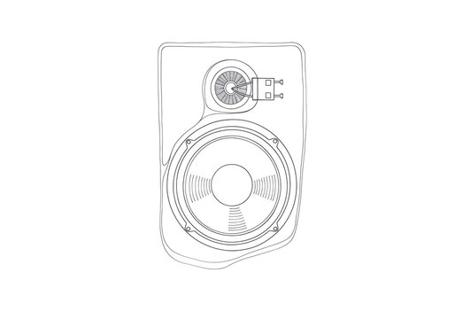 Modern audio speaker line art illustration featuring a prominent woofer and tweeter for high-fidelity sound reproduction