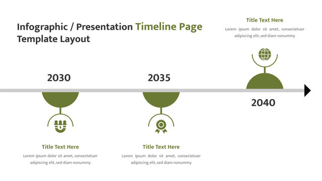 Horizontal timeline presentation template with years and icons representing future milestones or events