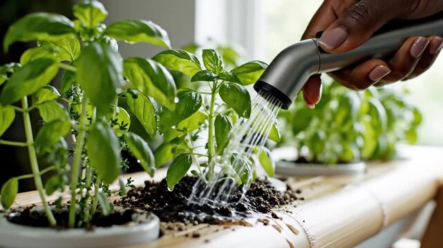 African American hand watering fresh basil plant indoors