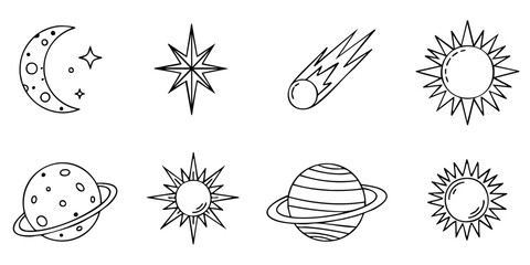 Astronomical illustrations depict celestial bodies in space with planets and sun. © Dhani