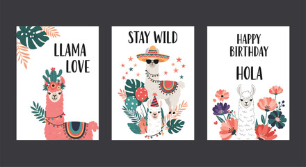 Fototapeta premium Set of three adorable llama themed greeting cards with vibrant floral decorations and phrases like Llama Love, Stay Wild, and Happy Birthday.