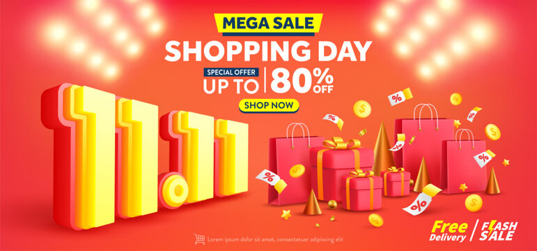Vector of 11.11 Shopping day Poster or banner with product podium scene,gift box and shopping bag.11 november sales banner template design for social media and website.