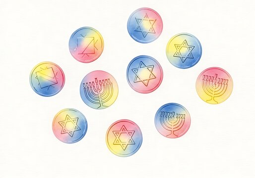 Colorful illustrations of menorahs and stars on decorative balls
