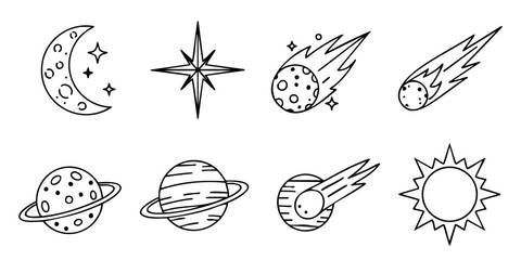 Astronomical illustration of celestial bodies including planets, moon, sun, and meteors in space. © Dhani