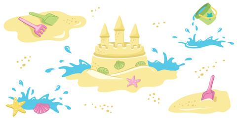 Naklejka premium Complete Beach Sand Play Composition with Castle Toys Splash and Marine Elements Summer Vacation Illustration for Kids