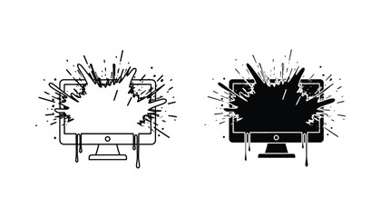 Computer monitor with ink splash explosion vector illustration representing digital creativity or data processing © Minimalist