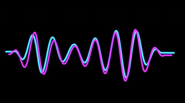 Two blue and purple wavy stripes oscillating seamlessly against a solid black background. A minimalist flat style animation capturing vibrations and technical emissions for video design