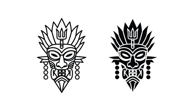 Stylized voodoo mask vector illustration with trident crown and decorative tribal elements for mystical themes