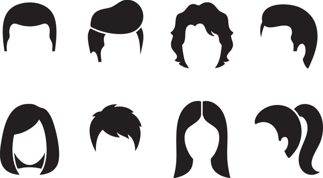 Hair style silhouette collection for men and women showing diverse haircuts and wig designs.