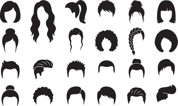 Set of black hair silhouettes for men and women collection showing various trendy hairstyles.