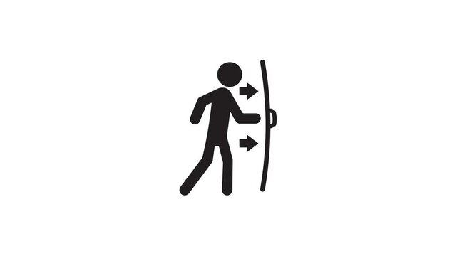 Animated guide for pushing a door, icon of a person pushing a door, concept of security, safety, and architectural interface elements. Transparent background, 4k video