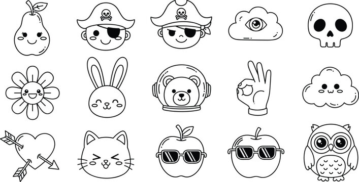 Cute Doodle Icon Set with Pirate Faces Animals Cloud Skull and Hand Gesture Outline Vector Collection for Kids Design and Coloring Pages