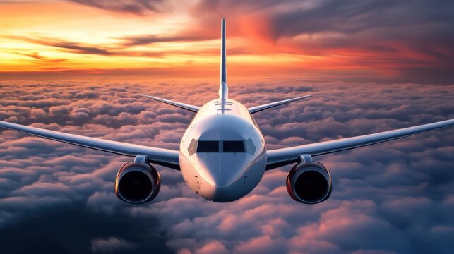 Jet airplane in flight over dramatic sunset clouds aerial view travel photography serene skies