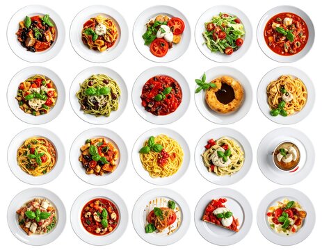 A compilation of 20 plates featuring diverse, vibrantly colored Italian-inspired dishes