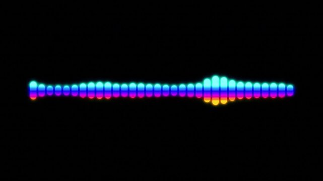 Animated colorful retro futuristic audio equalizer spectrum visualizer with glowing gradient bars reacting to music rhythm on a black background for multimedia projects