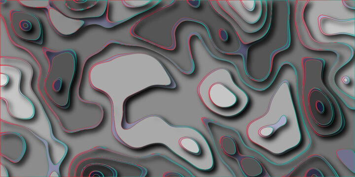Topographic abstract background with layered shapes and subtle chromatic aberration effect in shades of grey, white, and dark tones, evoking a sense of depth and modern design