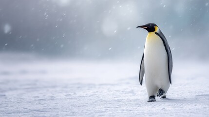 Obraz premium Emperor penguin walking on ice in heavy snow. Wild bird in natural habitat during harsh winter storm. Arctic animal exploration and wildlife nature cinematography concept background.