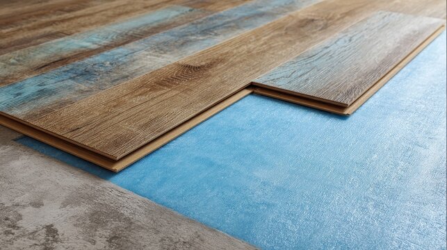 Stunning photo of close-up of laminate wood flooring installation with blue underlayment on concrete subfloor during home renovation.