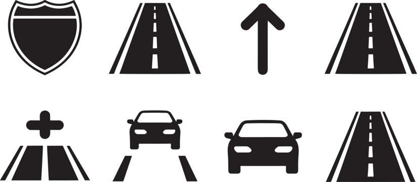 Vector icon collection showcasing essential road elements, automotive vehicles, and clear navigation symbols for efficient transportation and travel planning