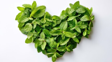Fototapeta premium Fresh green mint leaves arranged in a heart shape on a white background. Organic aromatic herb for healthy cooking and culinary decoration. Symbol of love, freshness and nature lifestyle.