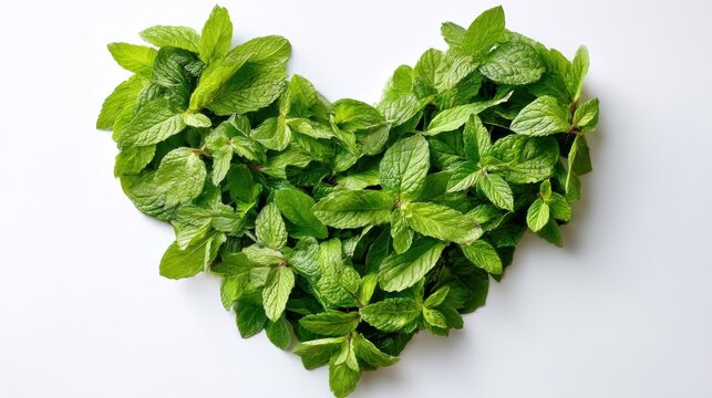 Fresh green mint leaves arranged in a heart shape on a white background. Organic aromatic herb for healthy cooking and culinary decoration. Symbol of love, freshness and nature lifestyle.