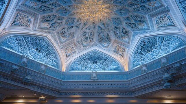 Ornate blue domed ceiling with intricate architectural carving and decorative stucco relief. Historical building interior design with majestic patterns and cinematic lighting effect.