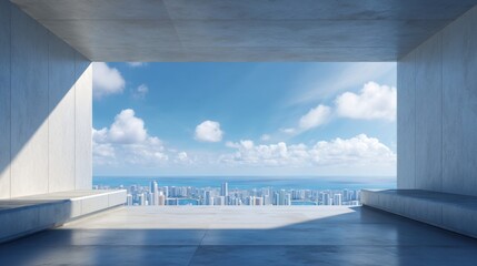 Obraz premium Modern concrete balcony overlooking city skyline and ocean. Minimalist interior design with open view of skyscraper and sea. Urban development, luxury real estate and architecture concept.