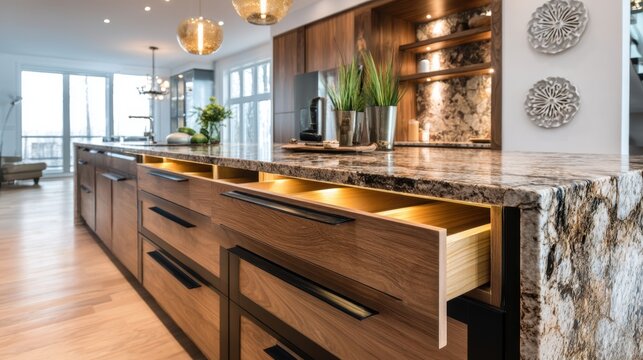 Modern kitchen interior with wooden cabinetry and granite countertop. Luxury home design featuring open drawer with interior led lighting. Elegant house renovation and decor concept.