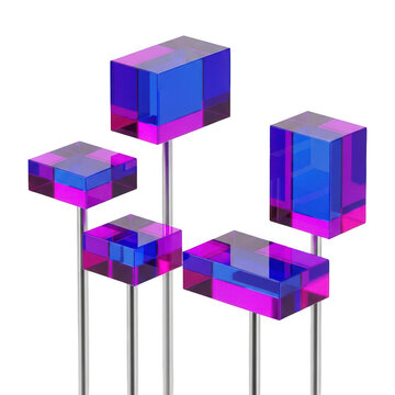 Five colorful cube shaped objects on thin rods