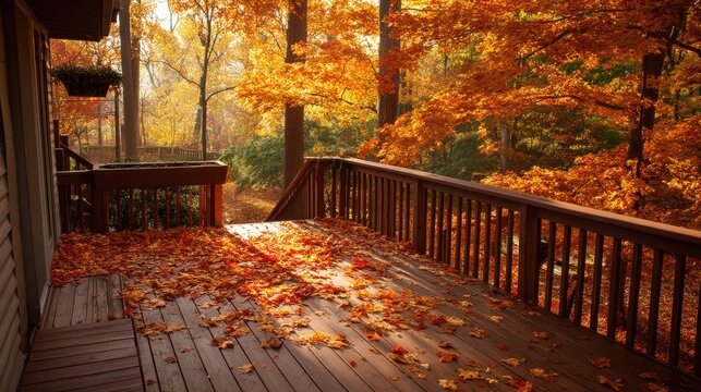 Wooden deck covered with colorful fallen autumn leaves. Scenic backyard view with golden forest trees. Seasonal nature landscape, tranquil atmosphere, cozy home terrace renovation concept.