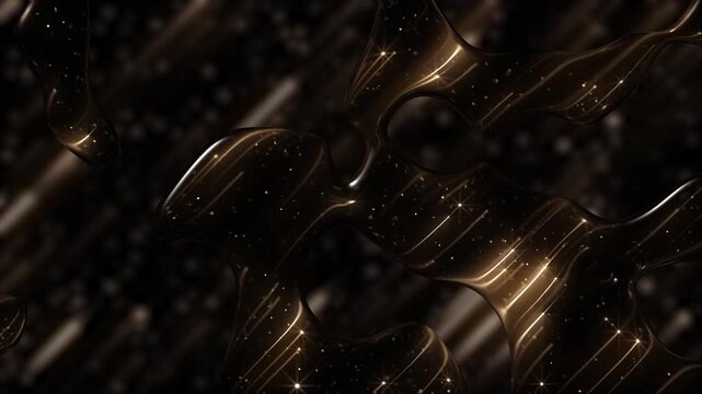 Luxury liquid motion abstract background with glittering golden stardust particles and gold shooting stars flowing through fluid morphing glassy blob shapes. Full HD and looping animation.