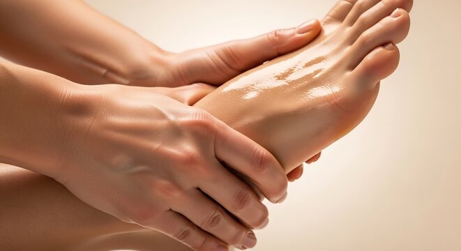 Close-up of a person massaging the sole of their foot with cream.