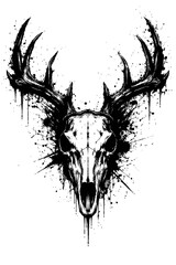 Obraz premium Deer skull with antlers abstract art black and white illustration for t-shirt design or tattoo