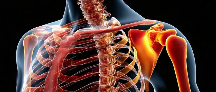 Shoulder Anatomy: A detailed, artistic representation showcases the intricacies of human shoulder, highlighting the bones and structures with a blend of anatomical accuracy and striking visuals.