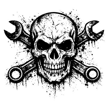A grungy skull with crossed wrenches on a white background, symbolizing danger and mechanical rebellion in a distressed style