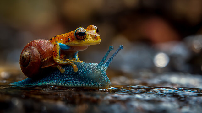 blue poison dart frog riding snail underwater