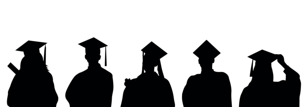 Graduation silhouette of students in caps and gowns, group of graduates in academic dress, university commencement ceremony vector illustration