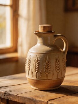 Rustic Ceramic Oil Jug with Wheat Pattern on Wooden Table