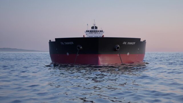Camera flies towards and over an anchored crude oil super tanker to reveal more anchored ships. Aerial view of oil tankers anchored in the ocean. Strait of Hormuz blockade concept. 3d animation render