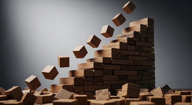 Dynamic representation of ascending wooden blocks facing instability, symbolizing the volatile journey of growth, challenges, and potential setbacks in progress
