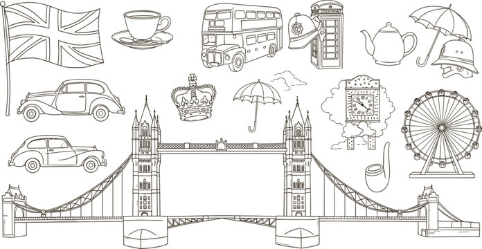London Landmark Line Art Set with Tower Bridge Big Ben Bus Taxi and British Symbols Vector Collection for Travel Tourism and UK Culture Design