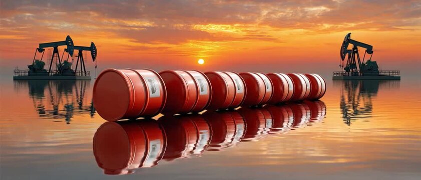 Oil Barrels Reflecting: A visual narrative of industrial might, capturing a row of oil barrels lined up with precision. With the rising or setting sun paints a canvas of energy and resources.