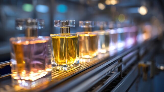 Stunning photo of row of luxury perfume bottles on an automated conveyor belt in a manufacturing factory.