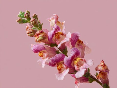 A detailed profile of a Antirrhinum majus spire, with its flowers opening in sequence, on a clean, isolated studio background