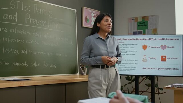 Medium full shot of cheerful Hispanic female teacher talking about sexually transmitted diseases to class at health education lesson, highlighting risks of irresponsible reproductive behavior