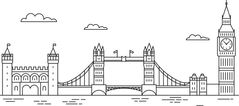 London Skyline Line Art with Tower Bridge and Big Ben Minimal City Vector Illustration