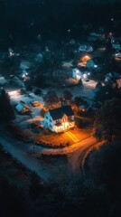 Fototapeta premium Stunning photo of single brightly lit house glowing in the middle of a pitch-black neighborhood during a power outage, dramatic aerial view at night.